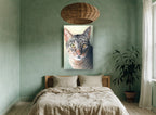 Green-Eyed Tabby Gaze animal canvas print on the wall of a bedroom