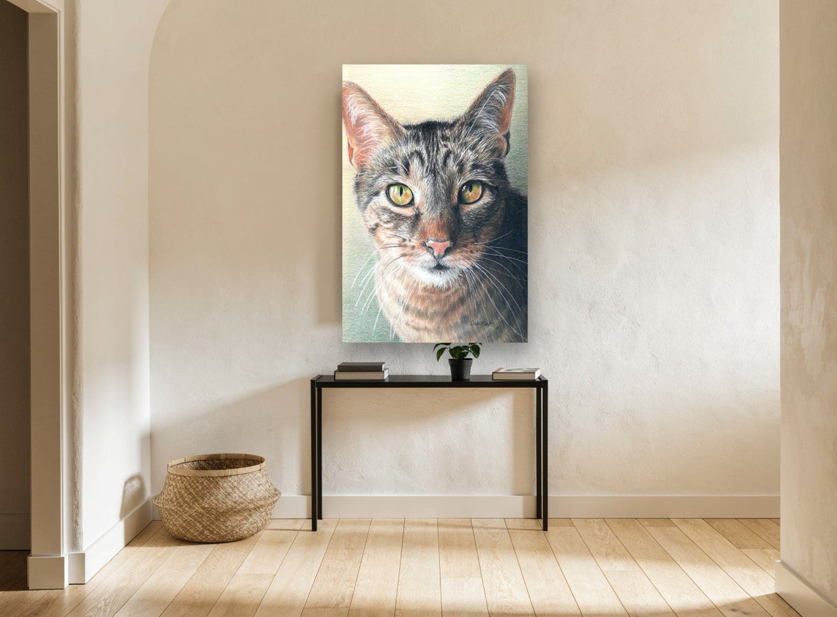 Green-Eyed Tabby Gaze animal canvas print on the wall of a hallway