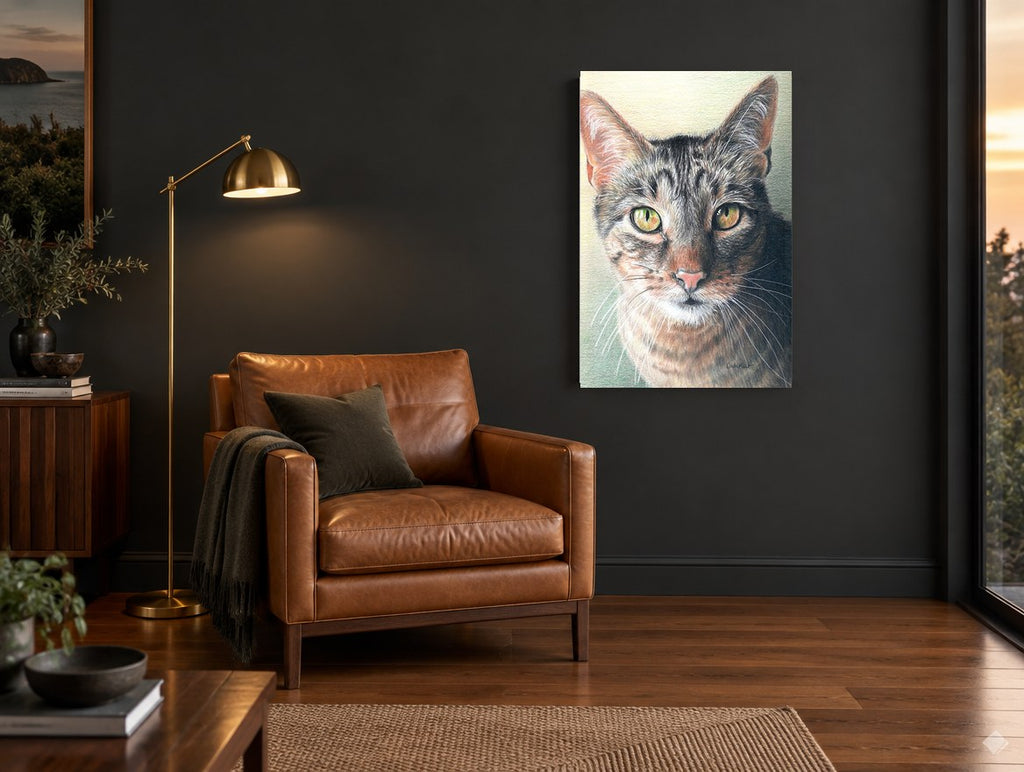 Green-Eyed Tabby Gaze animal canvas print on the wall of a charcoal living room