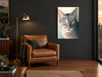 Green-Eyed Tabby Gaze animal canvas print on the wall of a charcoal living room