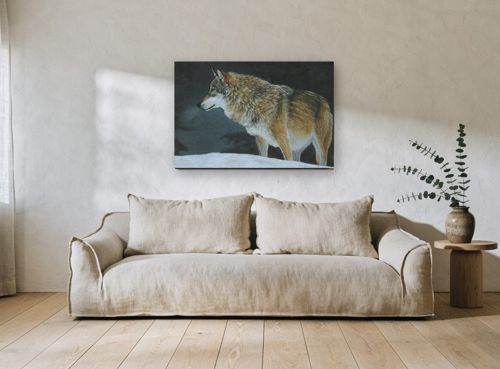 Wolf on Winter Snow landscape canvas print on the wall of a living room