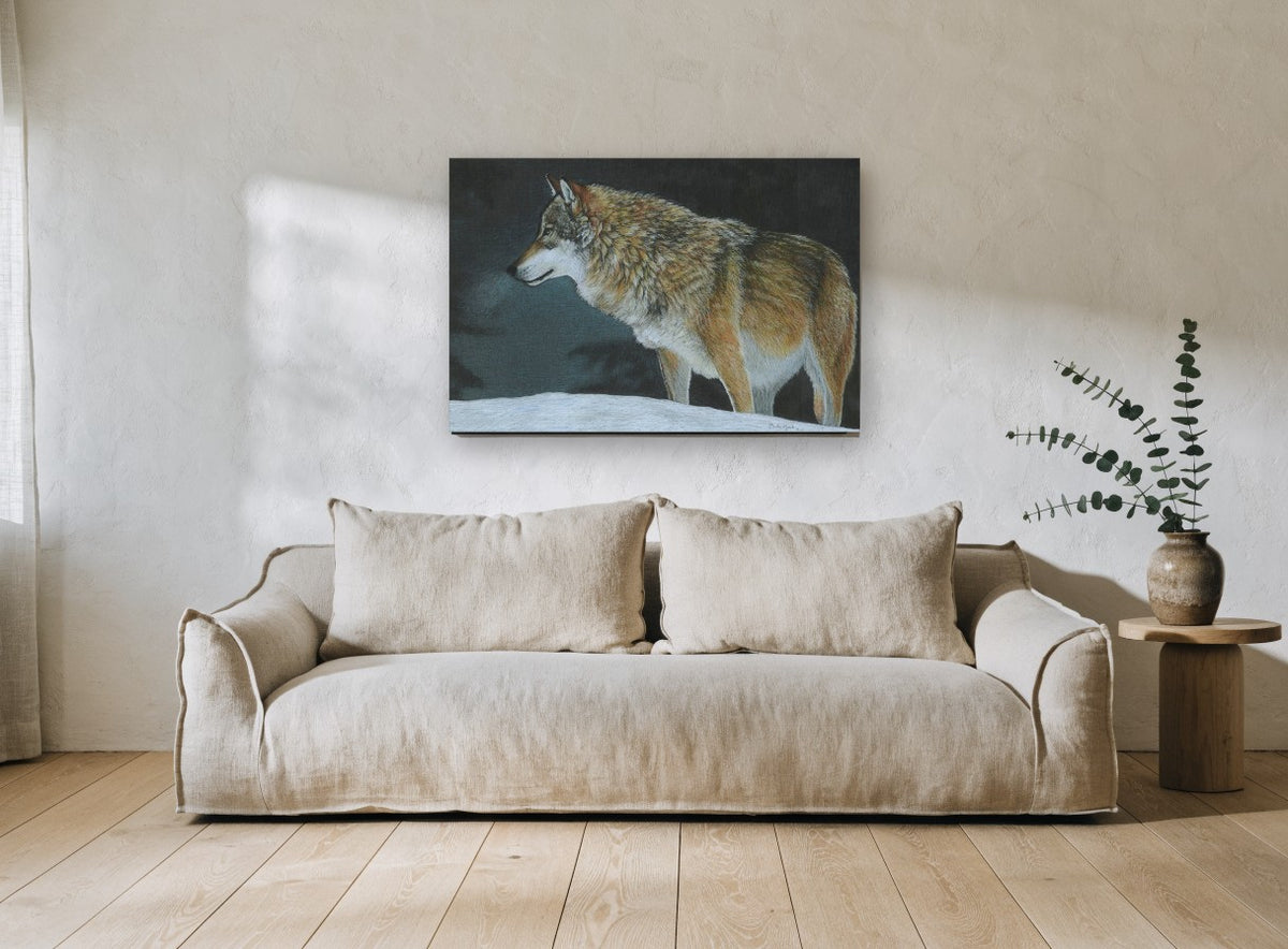 Wolf on Winter Snow landscape canvas print on the wall of a living room