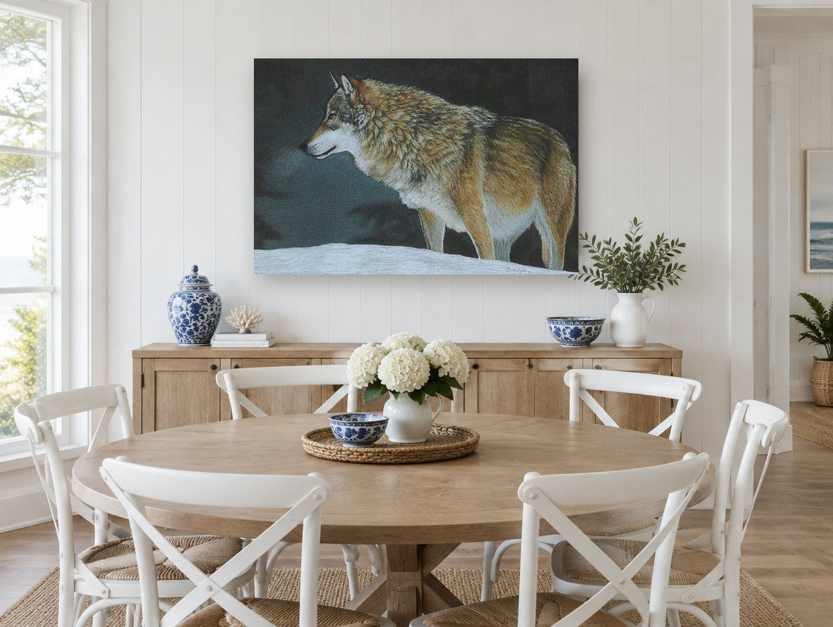 Wolf on Winter Snow landscape canvas print on the wall of a Hamptons dining room