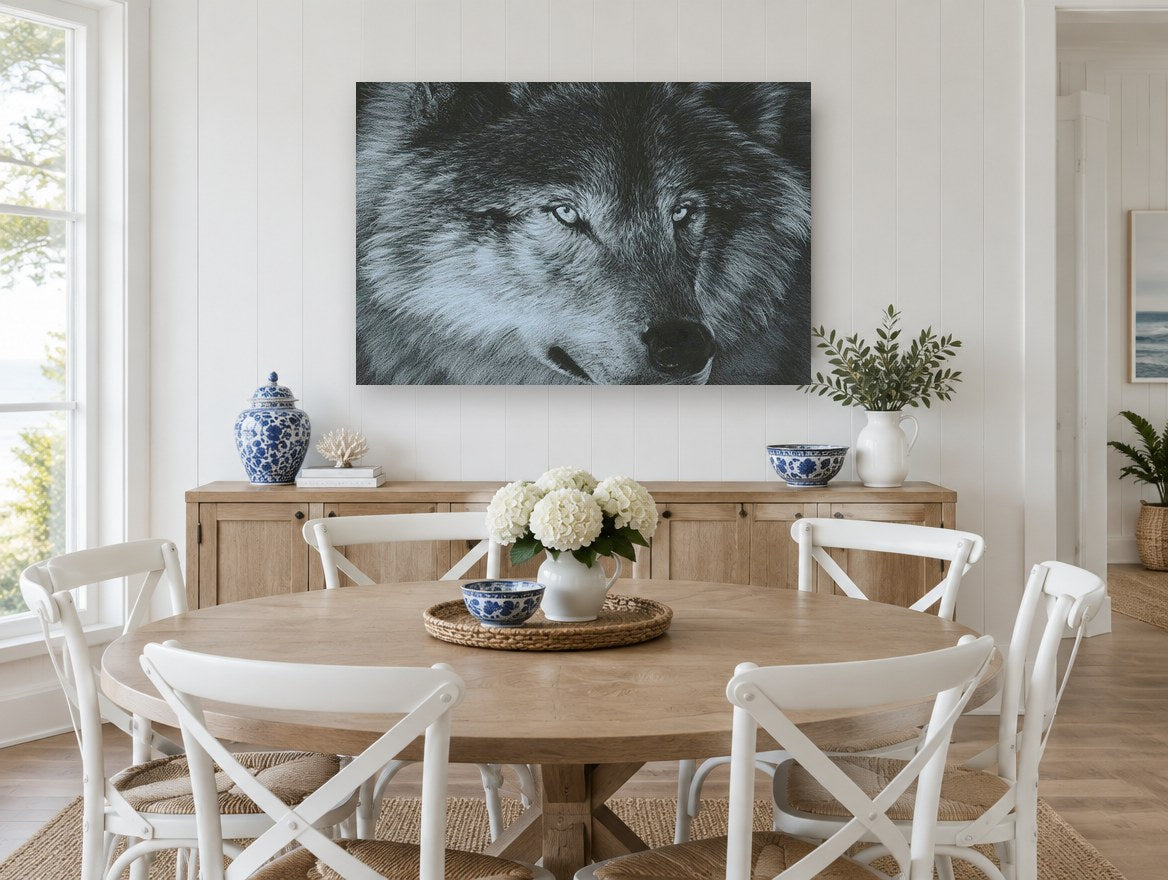 Grey Wolf Gaze landscape canvas print on the wall of a Hamptons dining room