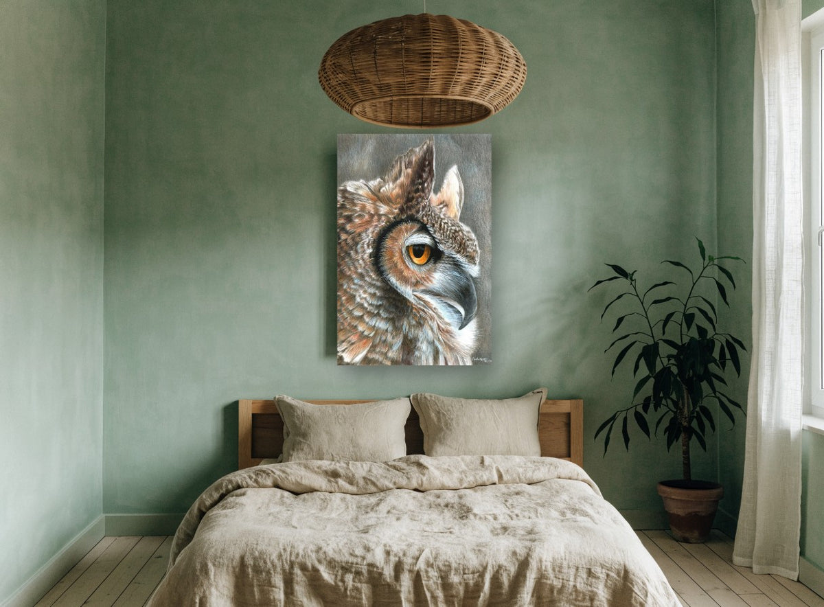 Amber Eyed Horned Owl animal canvas print on the wall of a bedroom
