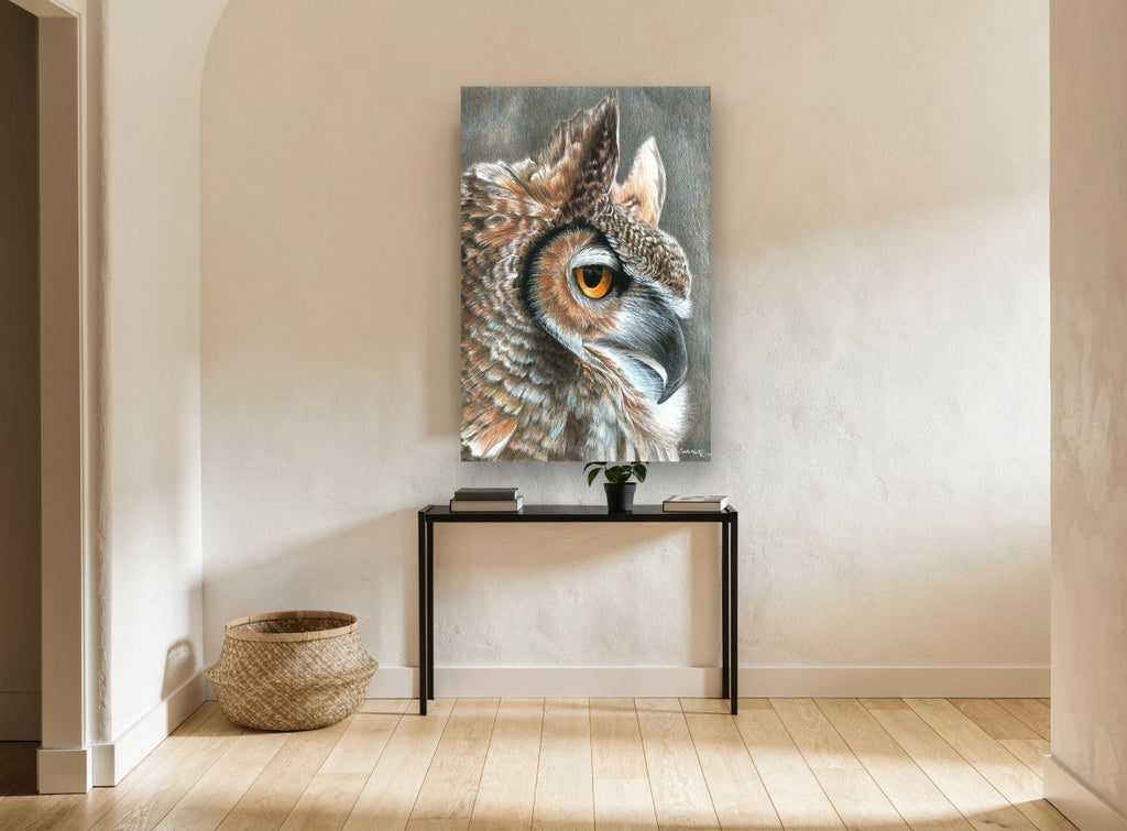 Amber Eyed Horned Owl animal canvas print on the wall of a hallway