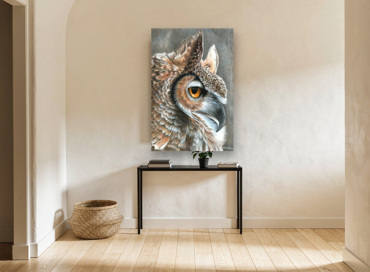 Amber Eyed Horned Owl animal canvas print on the wall of a hallway