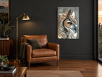 Amber Eyed Horned Owl animal canvas print on the wall of a charcoal living room