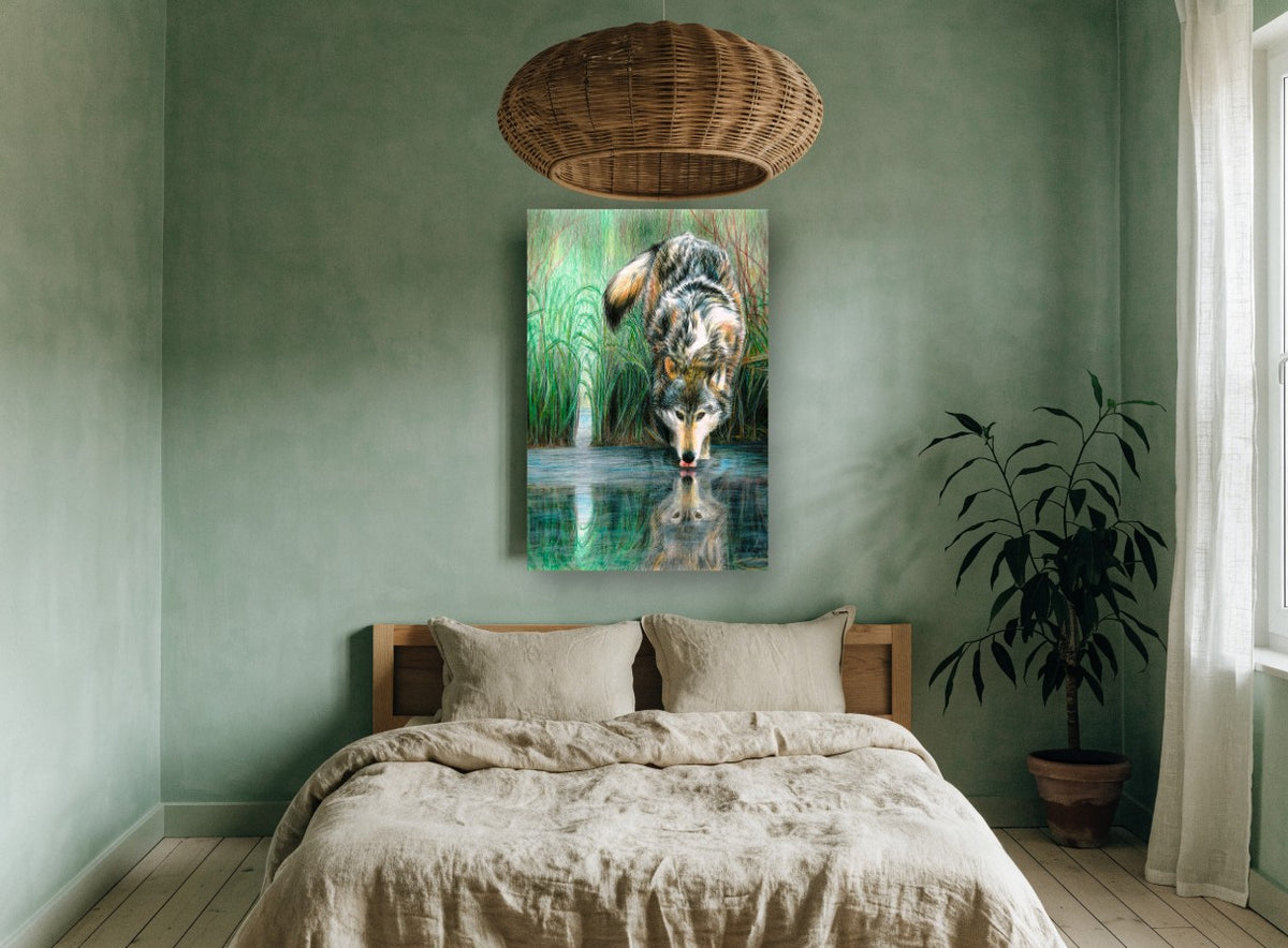 Wolf at the Water landscape canvas print on the wall of a bedroom
