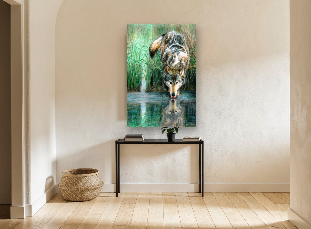Wolf at the Water landscape canvas print on the wall of a hallway