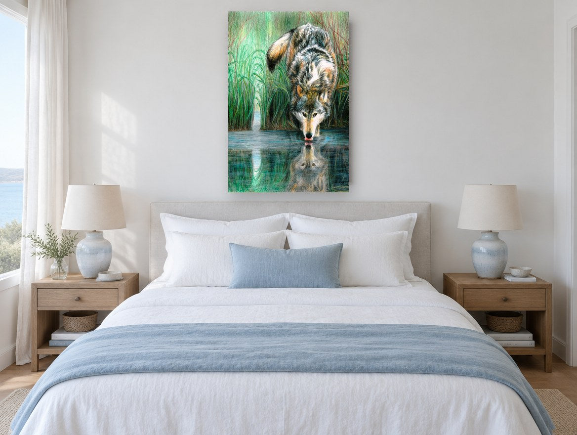 Wolf at the Water landscape canvas print on the wall of a bedroom