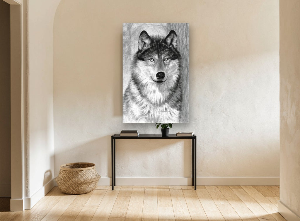 Watchful Grey Wolf animal canvas print on the wall of a hallway