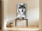 Watchful Grey Wolf animal canvas print on the wall of a hallway