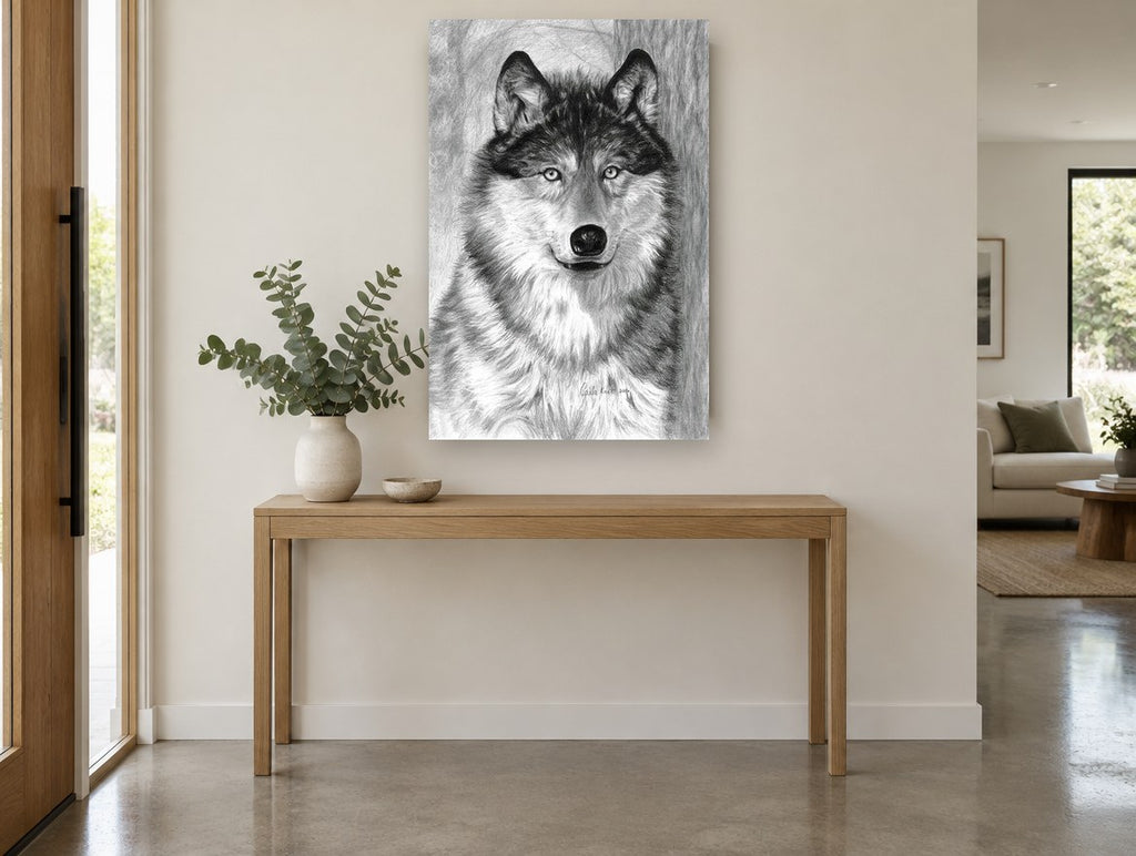 Watchful Grey Wolf animal canvas print on the wall of a entry hall