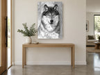 Watchful Grey Wolf animal canvas print on the wall of a entry hall