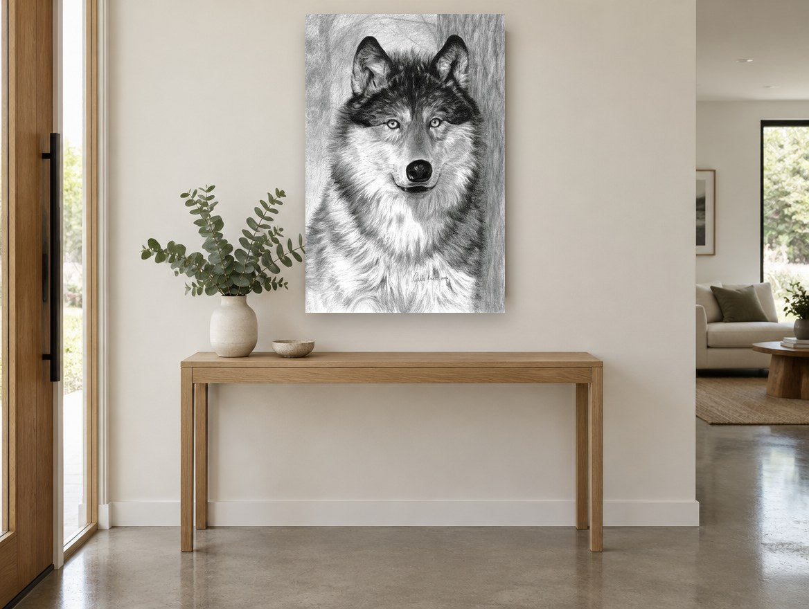 Watchful Grey Wolf animal canvas print on the wall of a entry hall