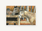 Paddock Companions, two horses at fence drawing, landscape canvas wall art print, front view