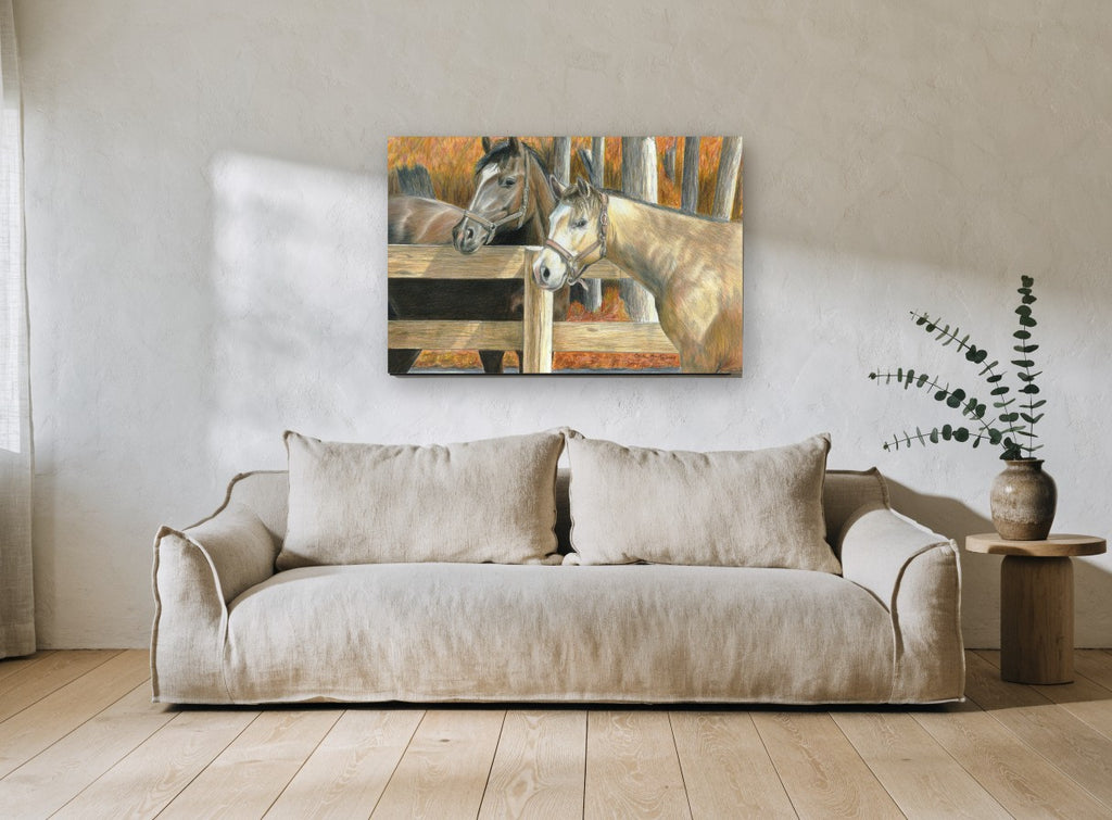 Paddock Companions landscape canvas print on the wall of a living room
