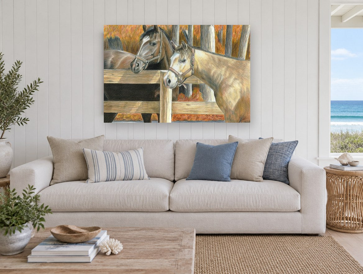 Paddock Companions landscape canvas print on the wall of a beach house living room