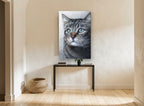 Pale Blue Gaze Tabby animal canvas print on the wall of a hallway