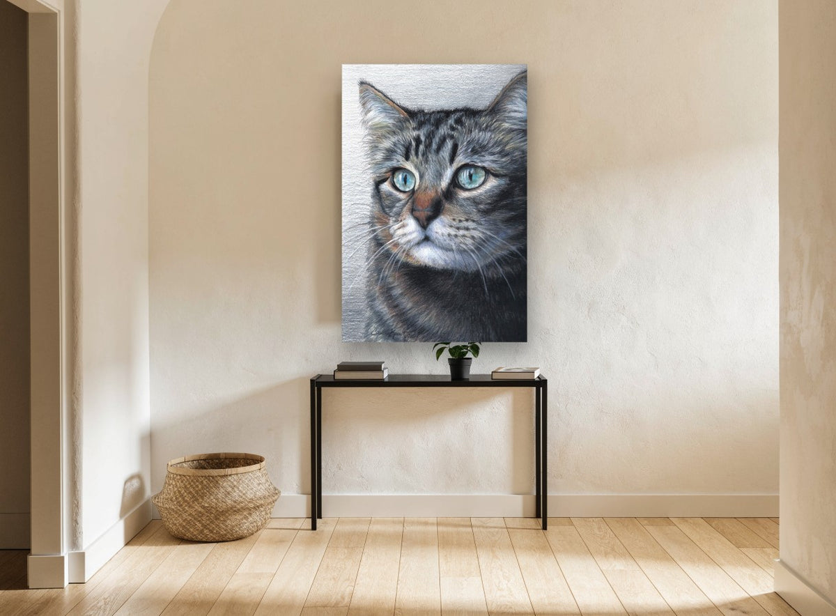 Pale Blue Gaze Tabby animal canvas print on the wall of a hallway
