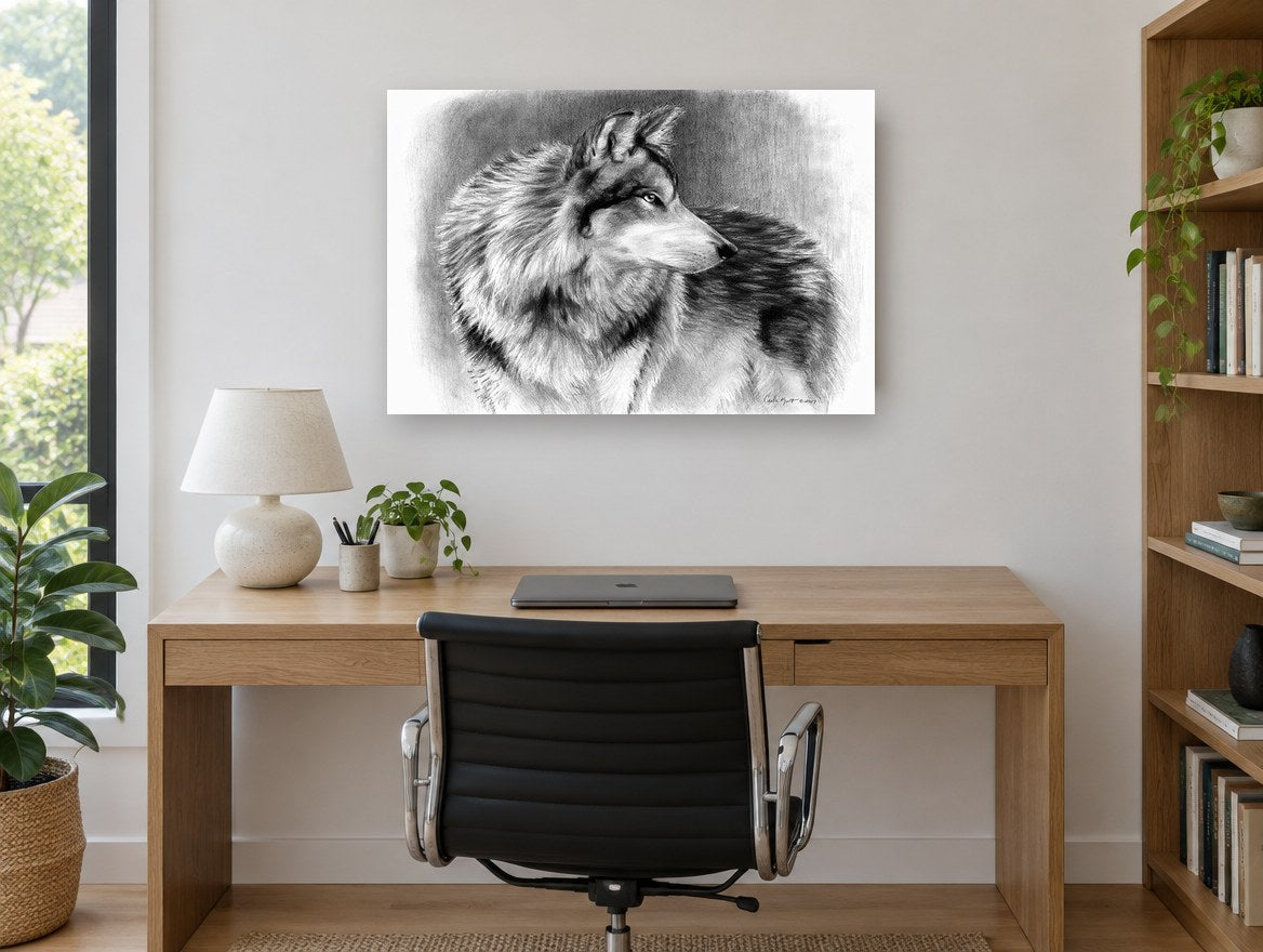 Silvered Wolf Backward Glance animal canvas print on the wall of a study