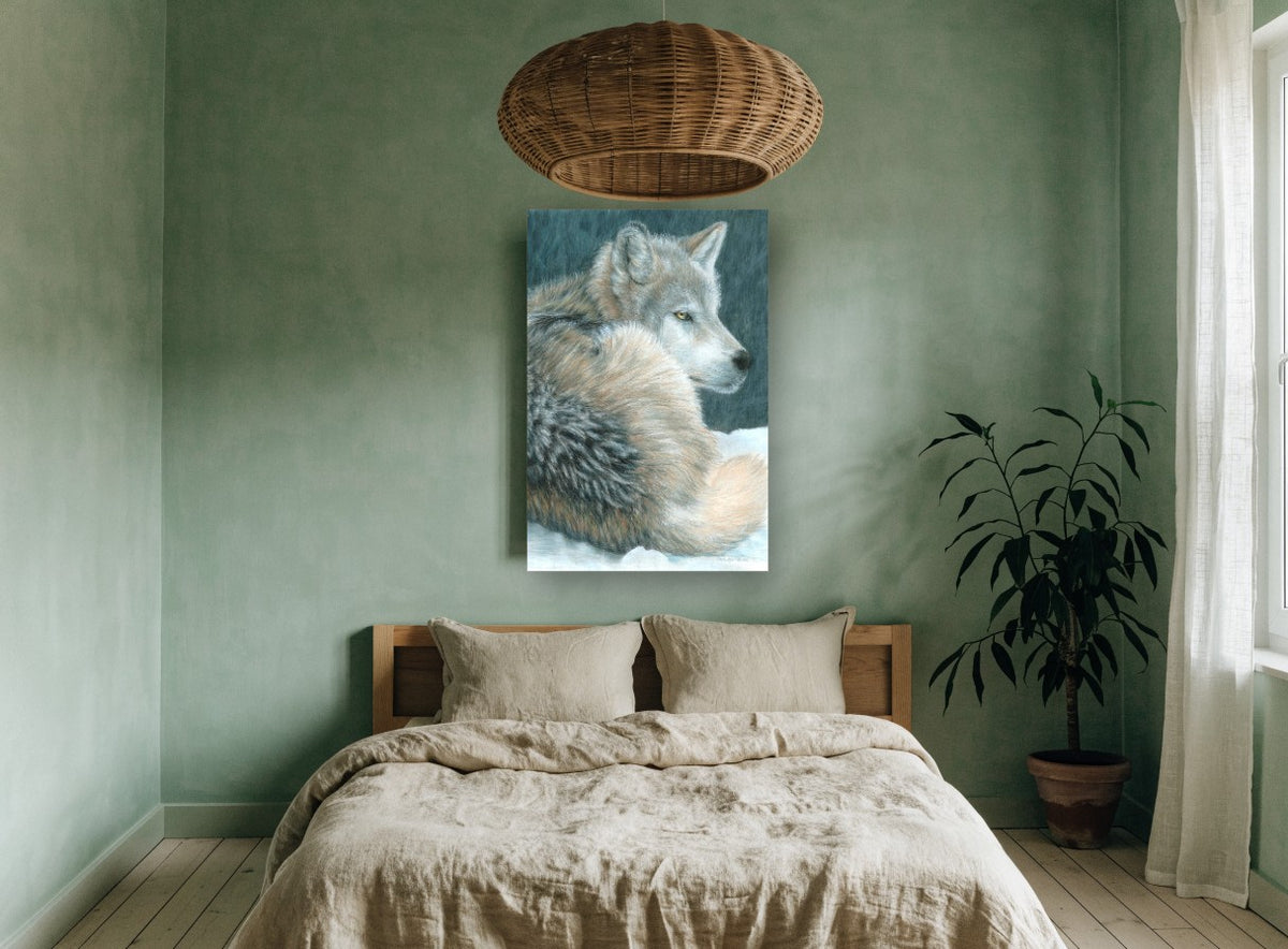 Wolf at Dusk Rest animal canvas print on the wall of a bedroom