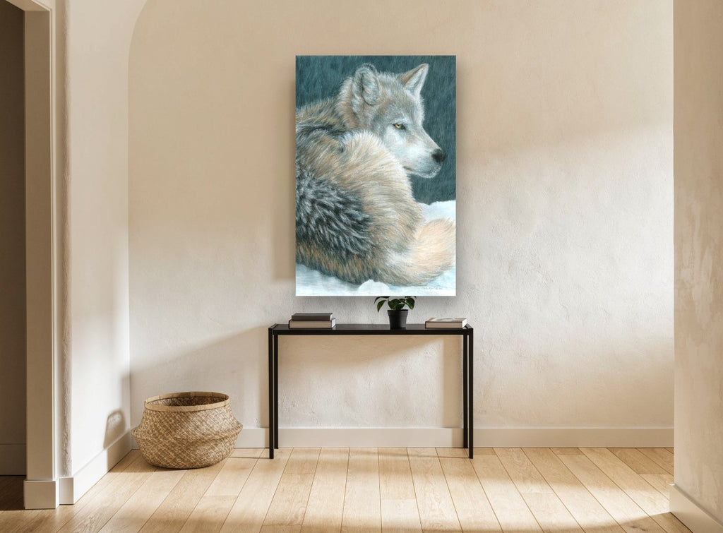 Wolf at Dusk Rest animal canvas print on the wall of a hallway