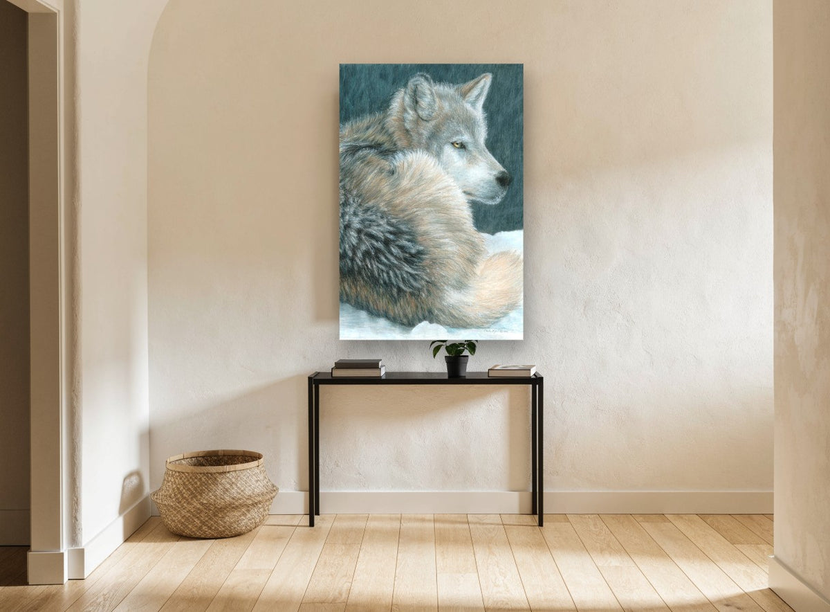 Wolf at Dusk Rest animal canvas print on the wall of a hallway