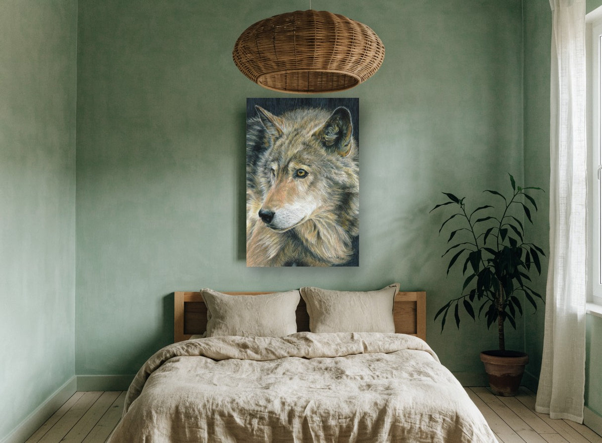 Watchful Amber Wolf animal canvas print on the wall of a bedroom