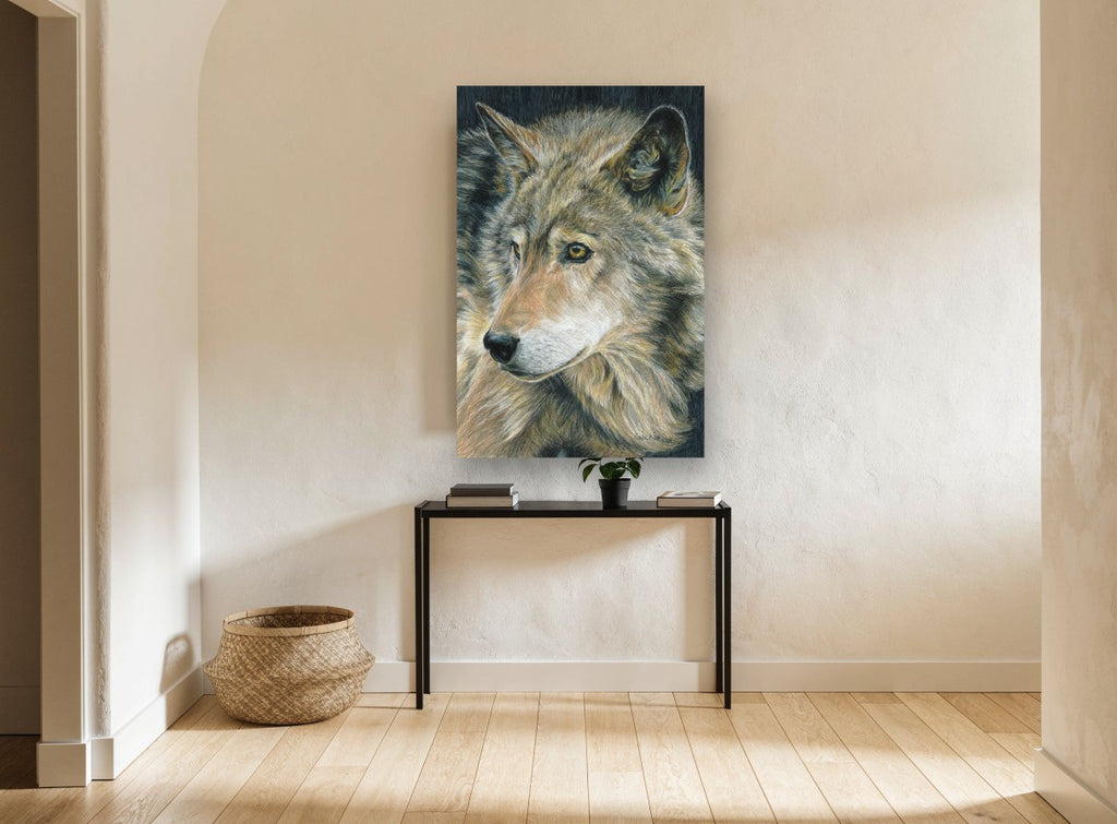 Watchful Amber Wolf animal canvas print on the wall of a hallway