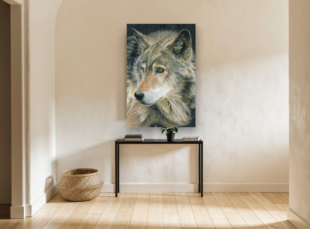 Watchful Amber Wolf animal canvas print on the wall of a hallway