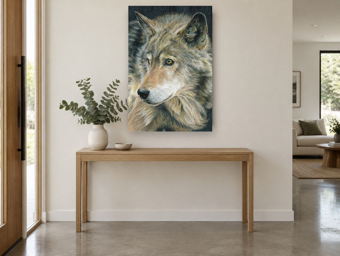 Watchful Amber Wolf animal canvas print on the wall of a entry hall
