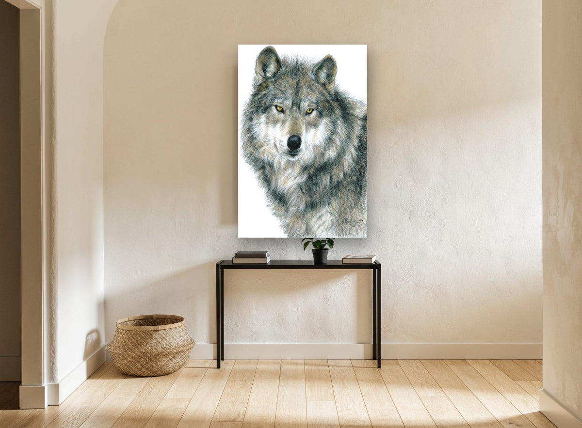 Amber Eyed Wolf animal canvas print on the wall of a hallway