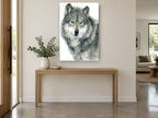Amber Eyed Wolf animal canvas print on the wall of a entry hall