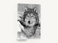 Watchful Winter Wolf, wolf portrait pencil drawing snow, landscape canvas wall art print ready to hang