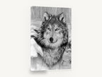 Watchful Winter Wolf, wolf portrait pencil drawing snow, landscape canvas wall art print ready to hang