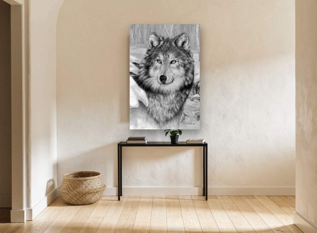 Watchful Winter Wolf landscape canvas print on the wall of a hallway