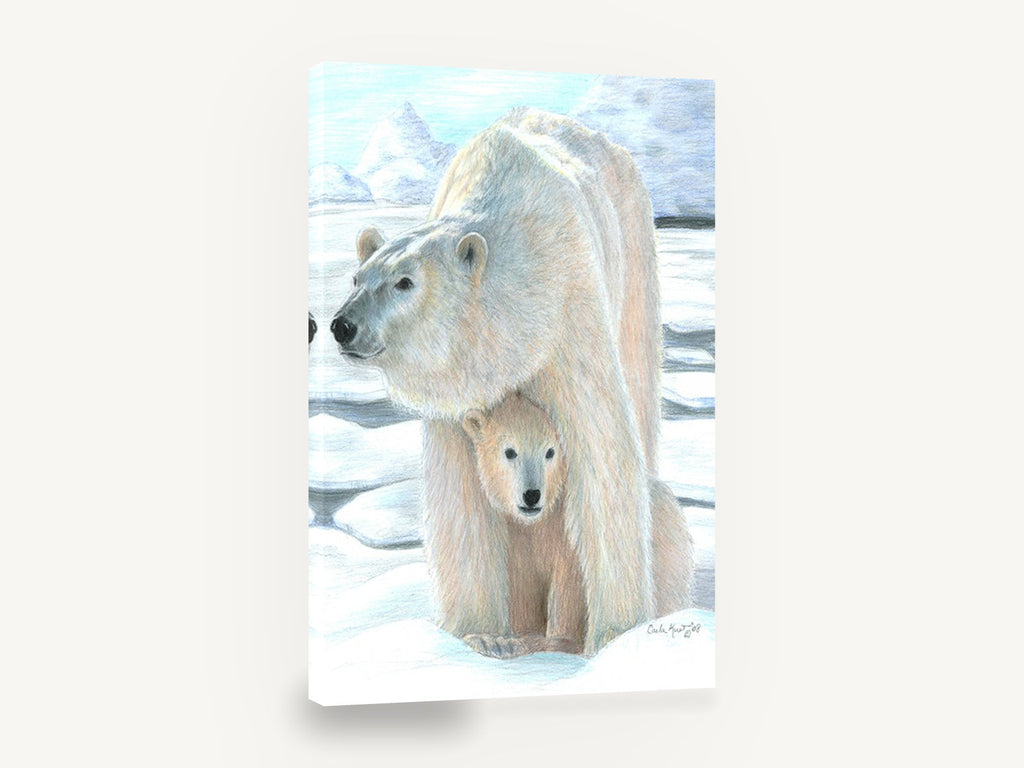 Arctic Bear Shelter, polar bear and cub drawing, landscape canvas wall art print ready to hang