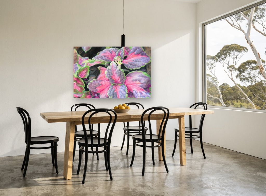 Coleus Leaves in Pink floral canvas print on the wall of a dining room