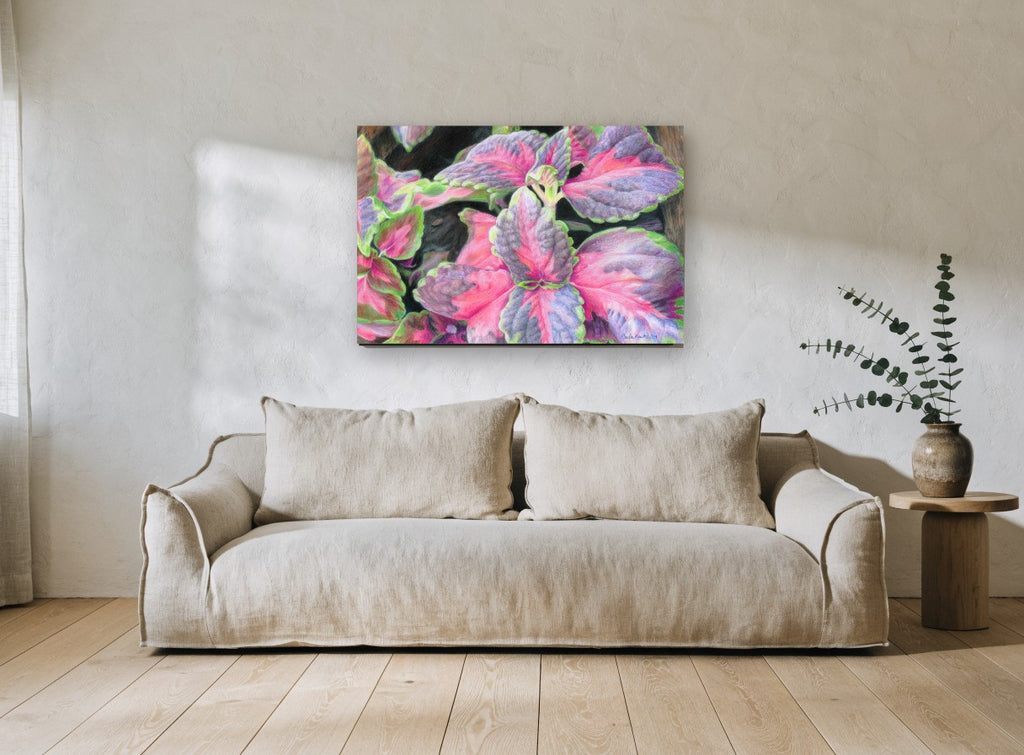 Coleus Leaves in Pink floral canvas print on the wall of a living room