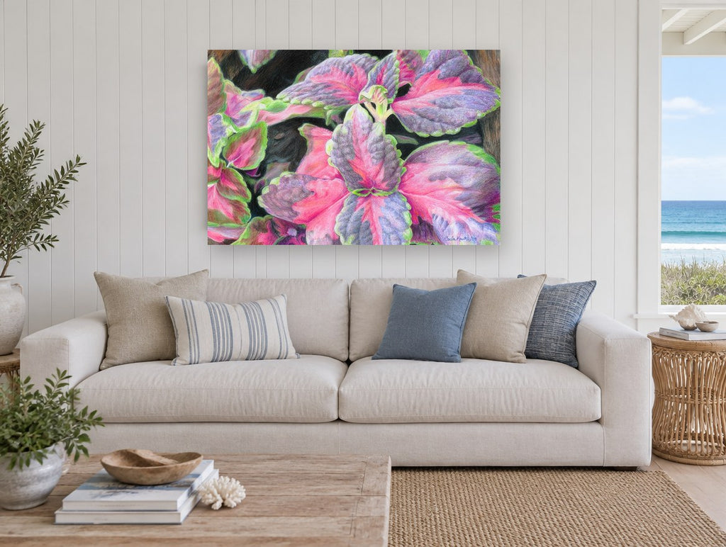 Coleus Leaves in Pink floral canvas print on the wall of a beach house living room