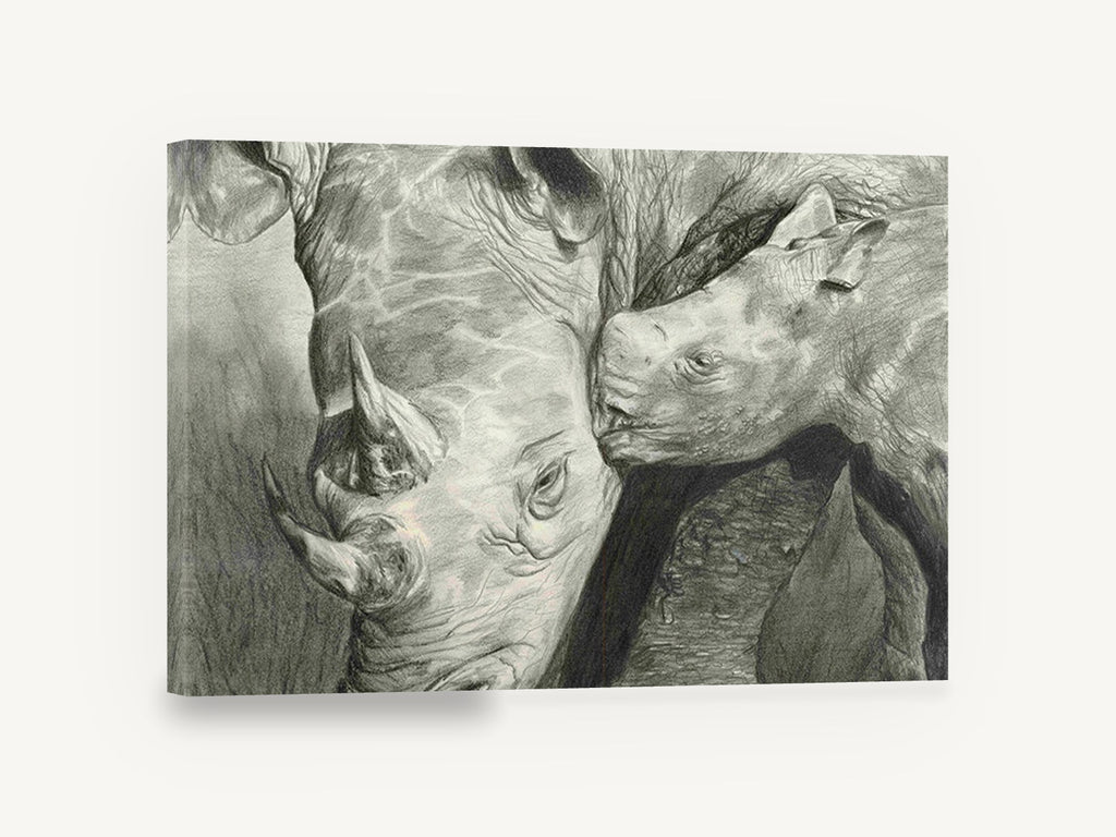 Rhino Mother and Calf, rhino and calf pencil drawing, animal canvas wall art print ready to hang