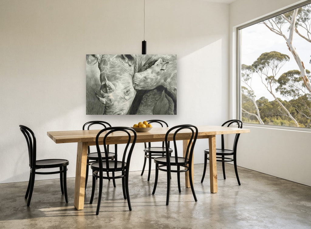 Rhino Mother and Calf animal canvas print on the wall of a dining room