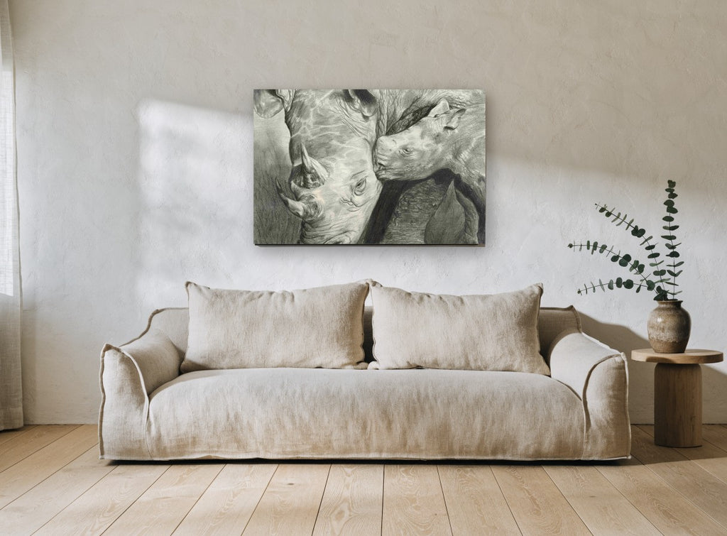 Rhino Mother and Calf animal canvas print on the wall of a living room