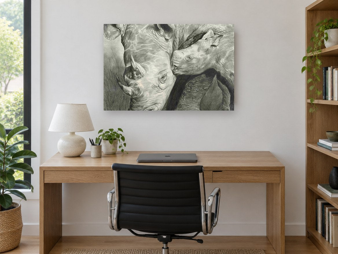 Rhino Mother and Calf animal canvas print on the wall of a study