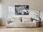 Pine Shadow Wolf animal canvas print on the wall of a living room