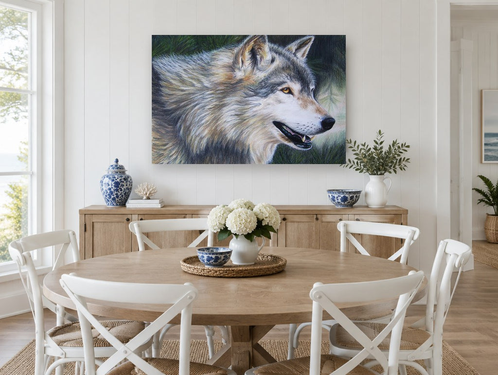 Pine Shadow Wolf animal canvas print on the wall of a Hamptons dining room