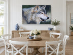 Pine Shadow Wolf animal canvas print on the wall of a Hamptons dining room