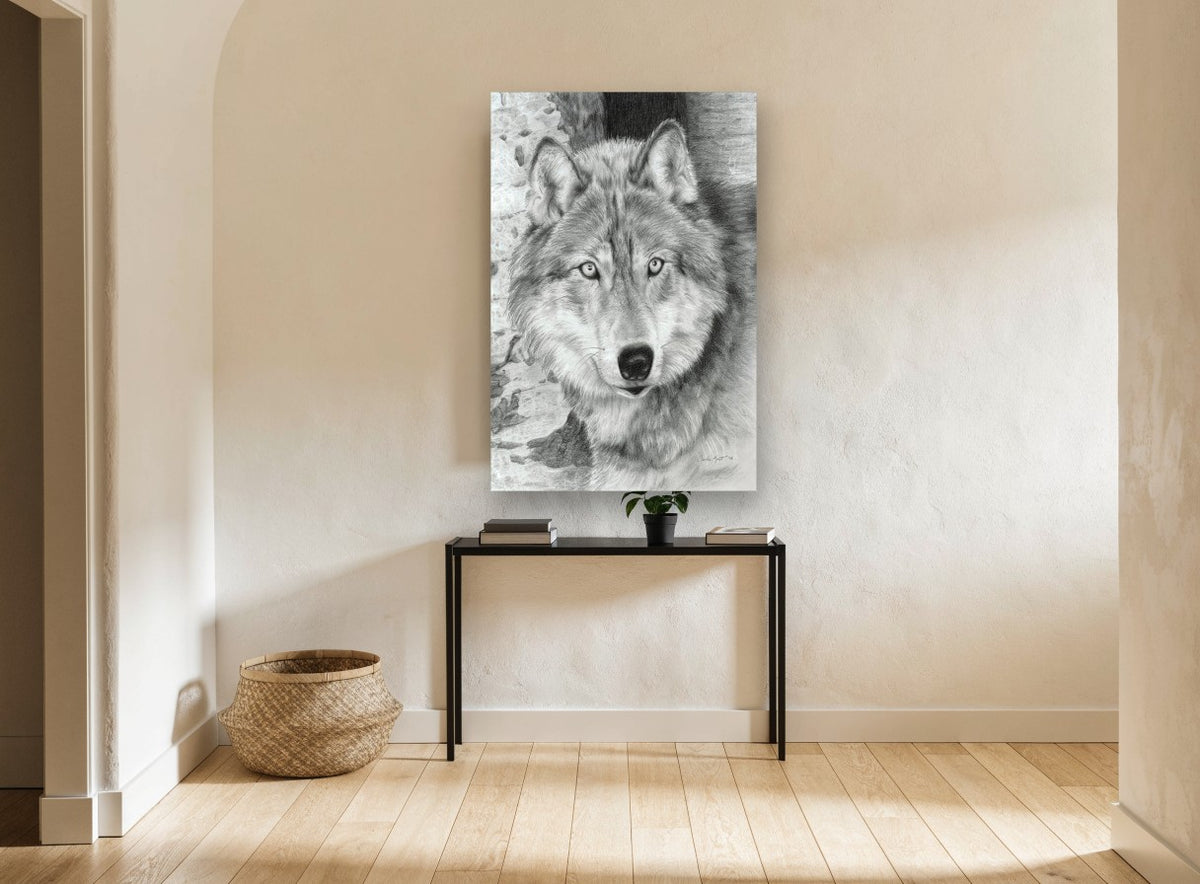 Silver Wolf Timber Watcher animal canvas print on the wall of a hallway